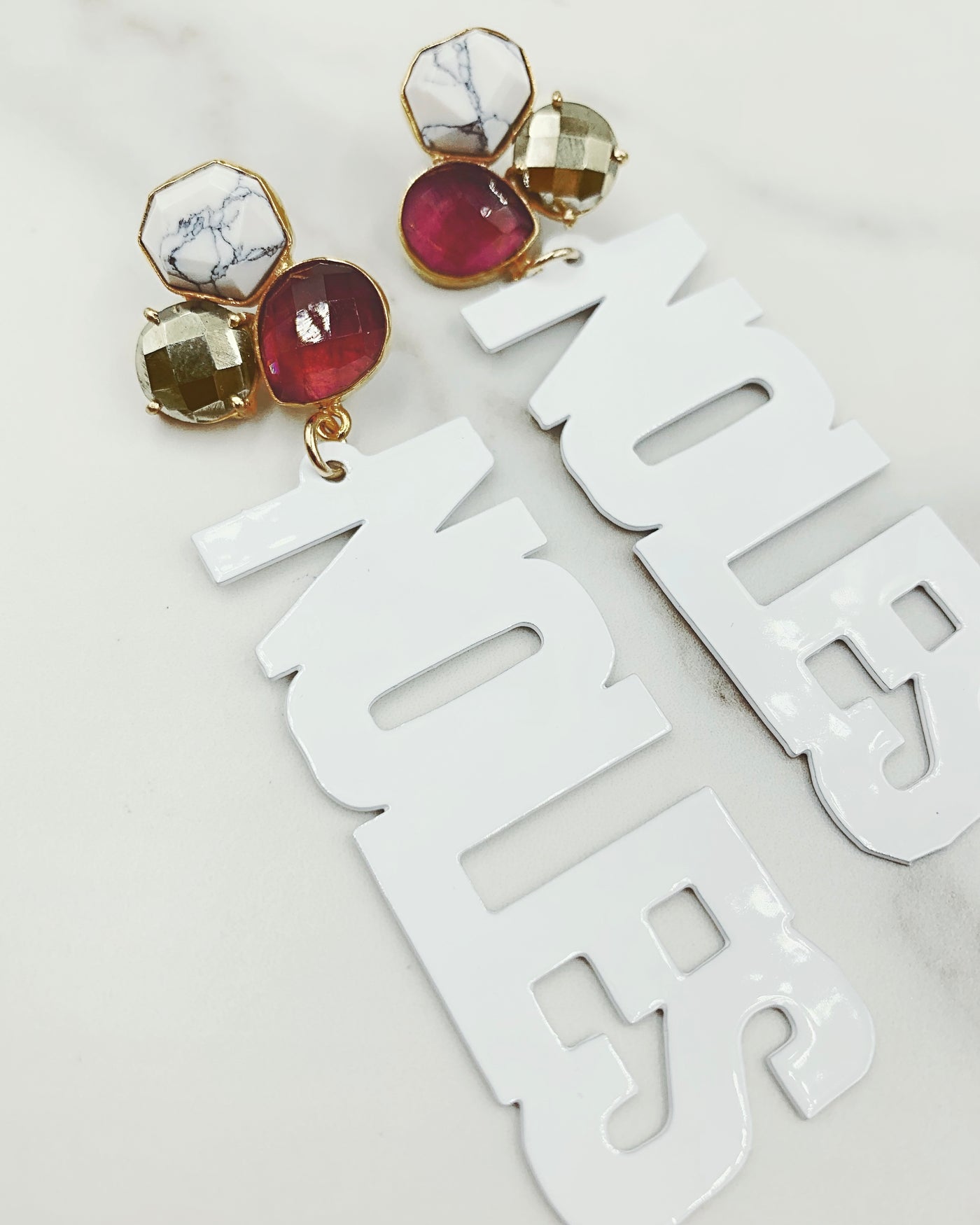 Florida State White NOLES Earrings with 3 Gemstones