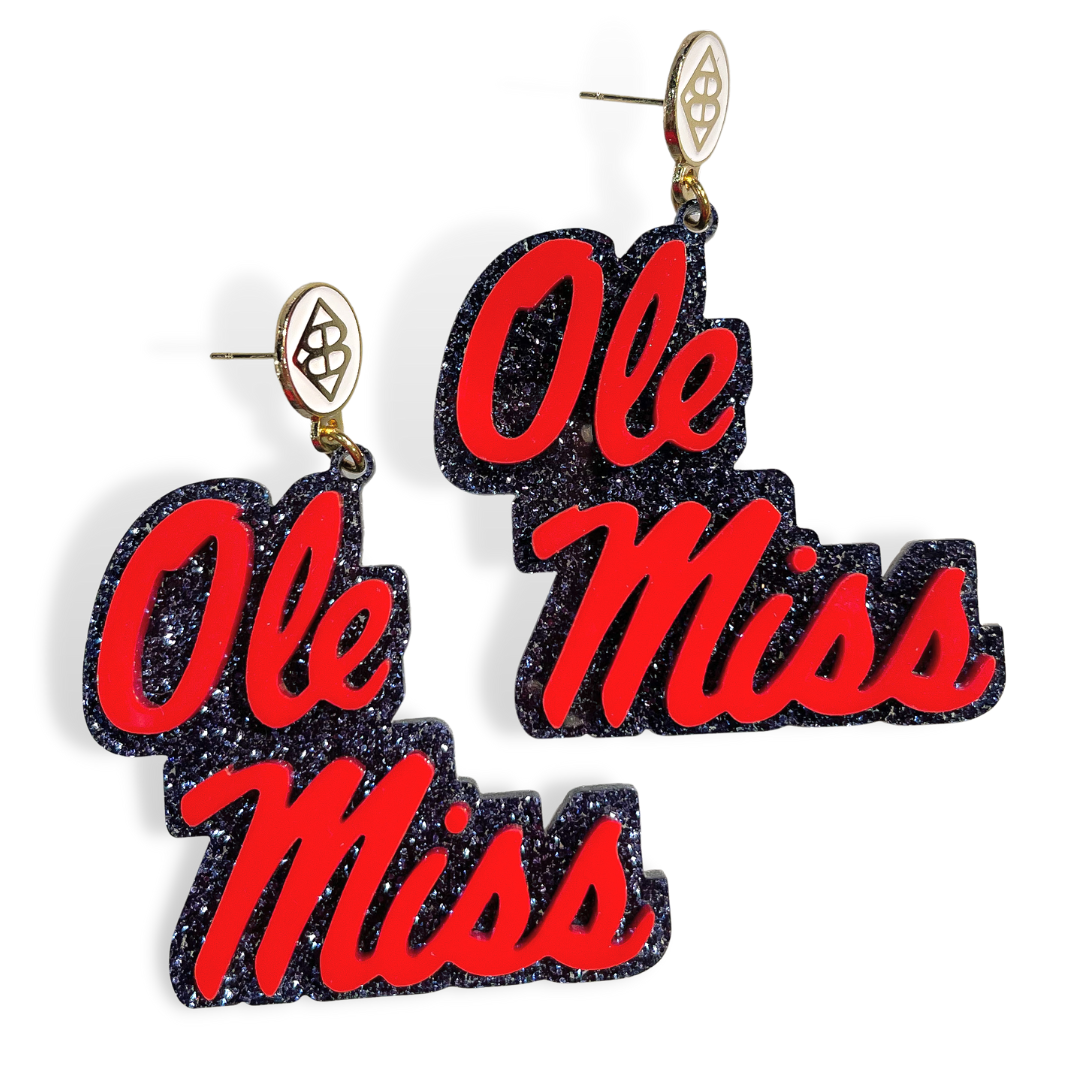 Ole Miss Red and Navy Glitter Ole Miss Script Earrings