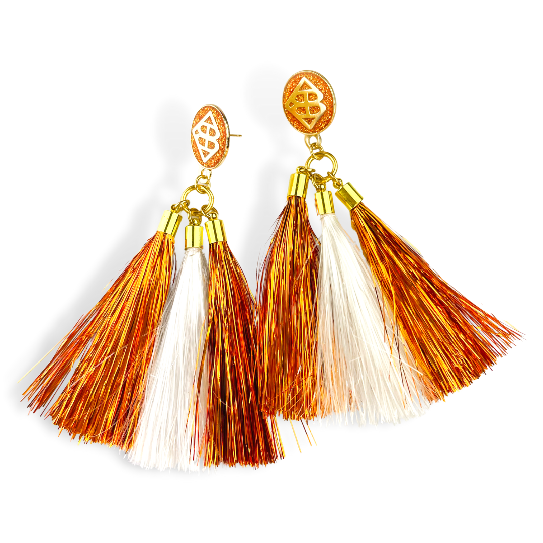 Orange and White Metallic Jumbo Tassel Earrings