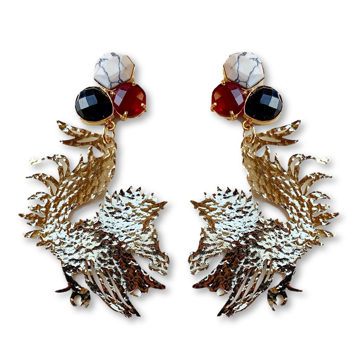 University of South Carolina Gold Gamecock Earrings with 3 Gemstones