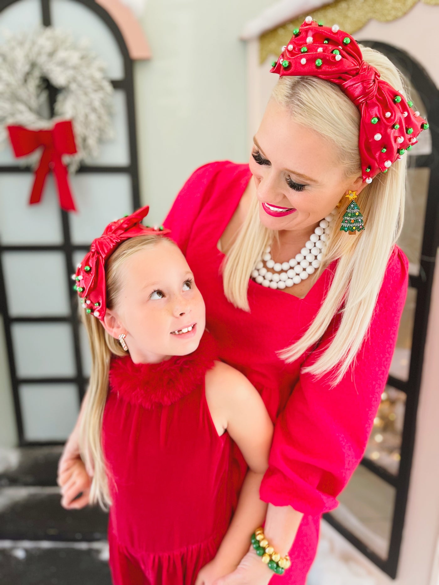 Child Red Christmas Bow Headband with Beads