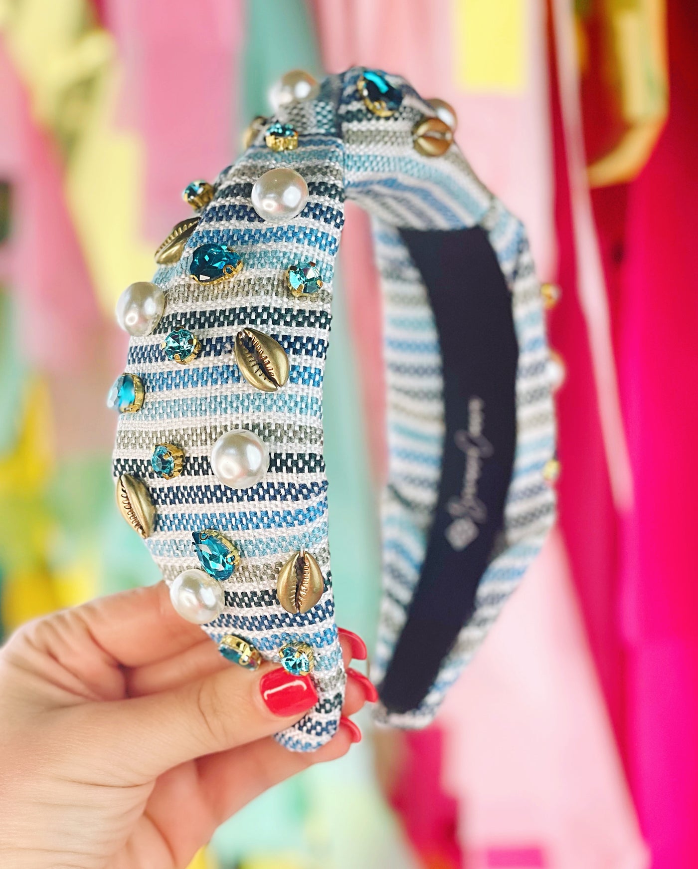 Seaside Stripe Headband with Shells, Crystals, and Pearls