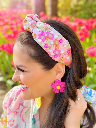 Pink Raffia Daisy Earrings