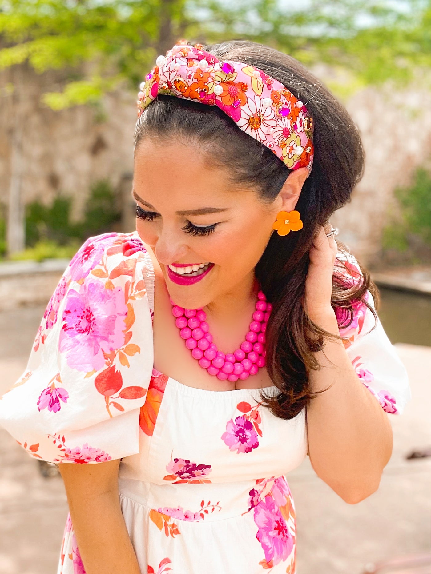 Pink and Orange Retro Floral Headband with Crystals and Pearls