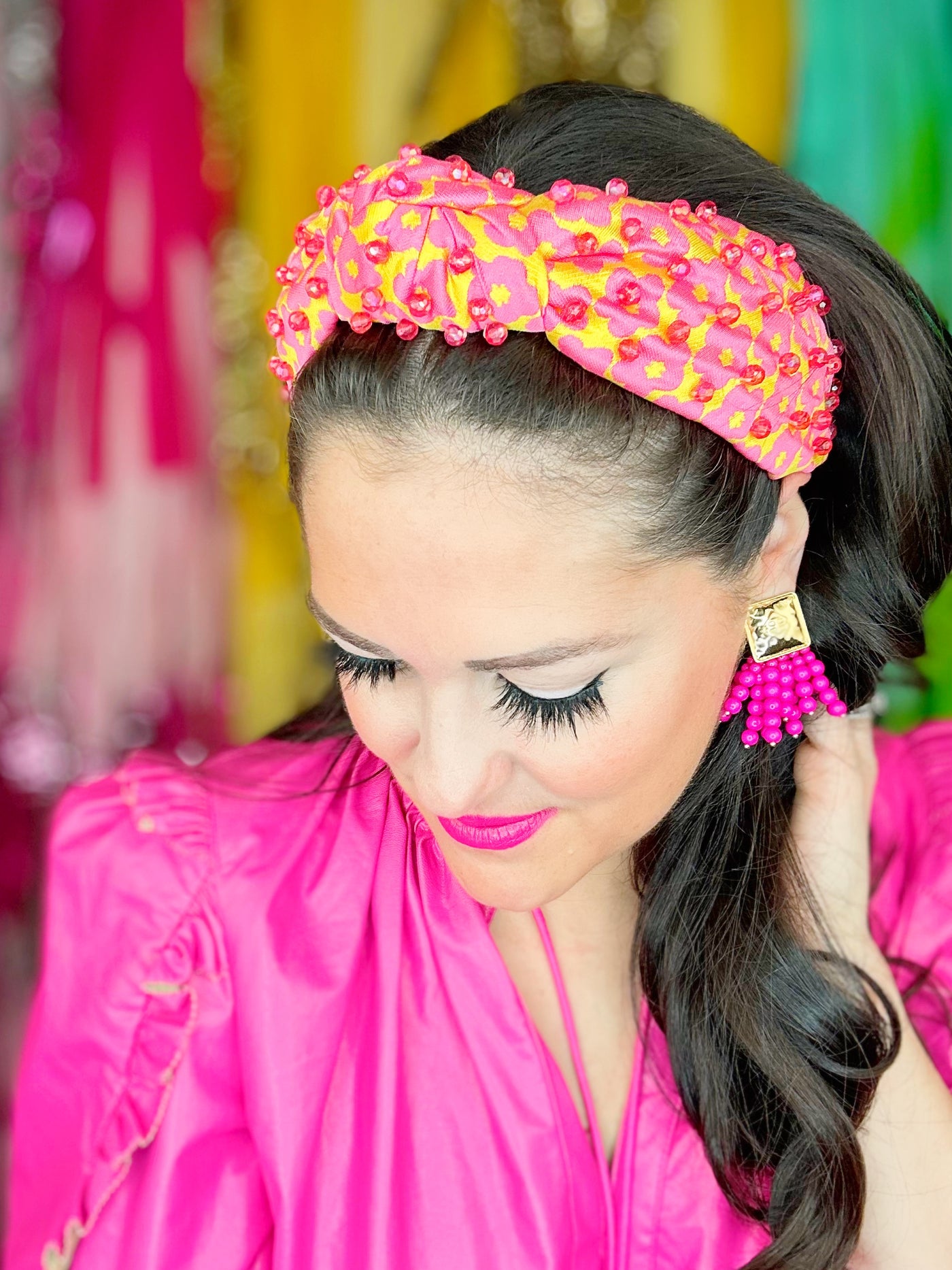 Pink and Yellow Flower Power Headband with Iridescent Beads