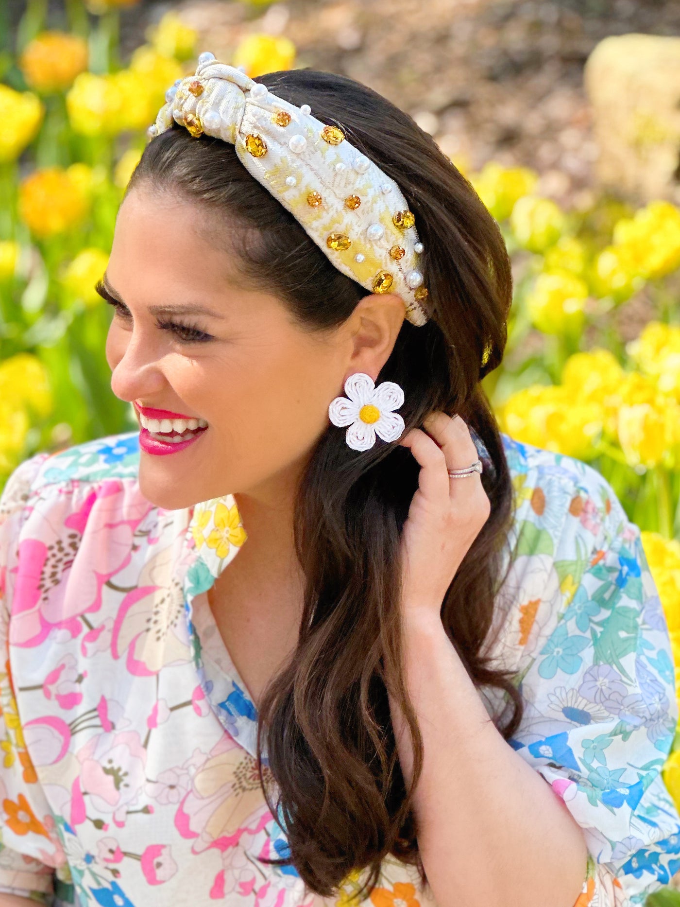 Yellow Jacquard Metallic Headband with Crystals and Pearls