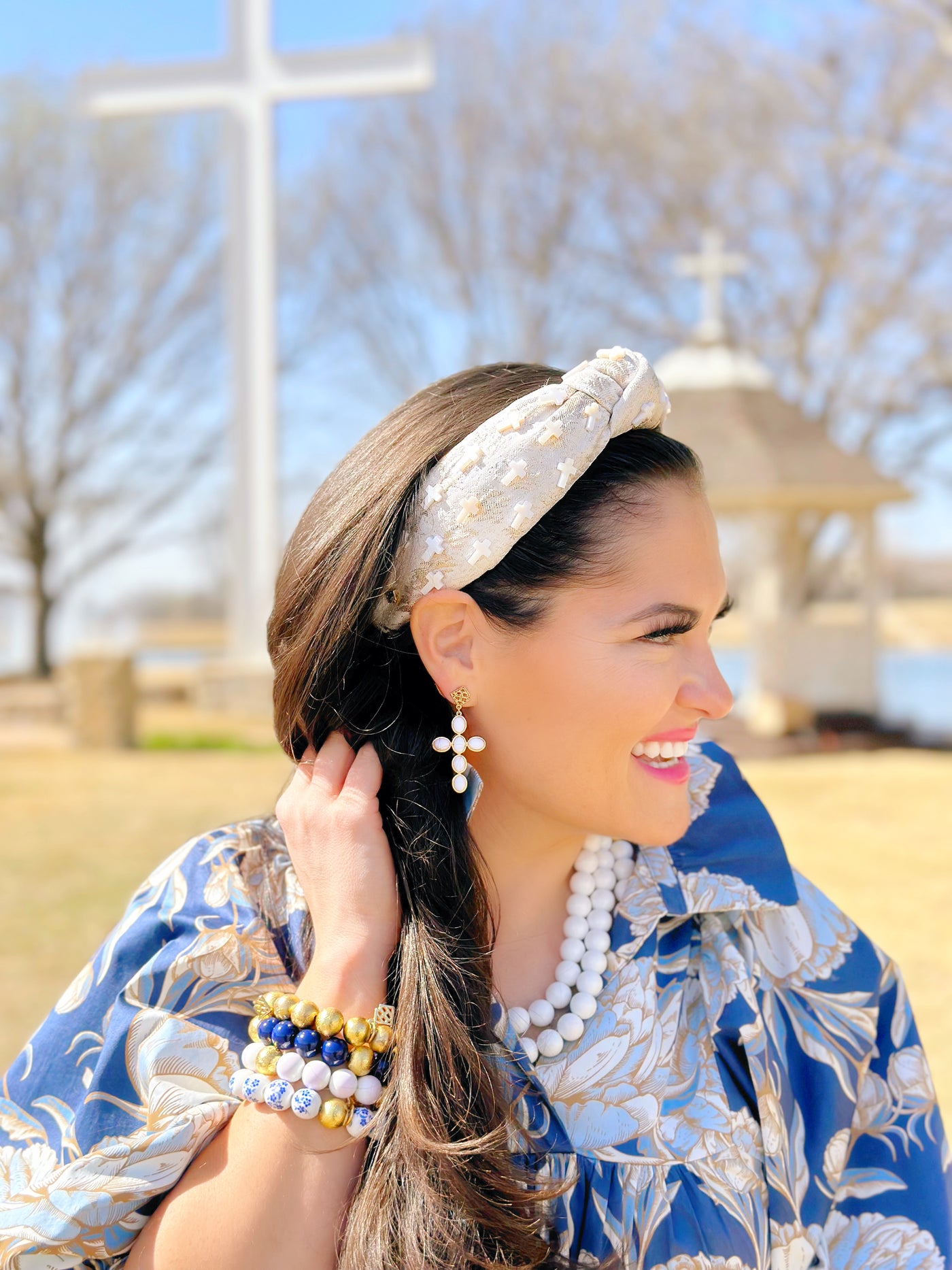 White Cabochon Cross Earrings with White Beads