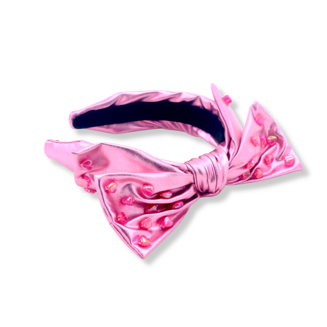 Child Size Pink Bow Headband with Heart Beads