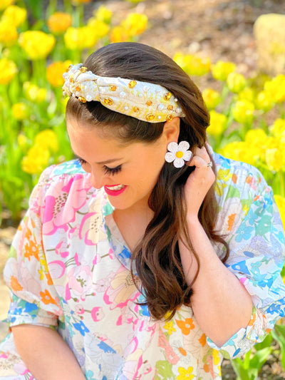 Yellow Jacquard Metallic Headband with Crystals and Pearls