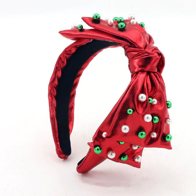 Child Red Christmas Bow Headband with Beads