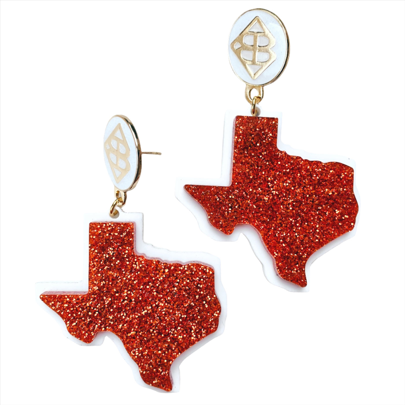 Texas Proud - Orange Glitter Shape of Texas over White with White Large Logo Top