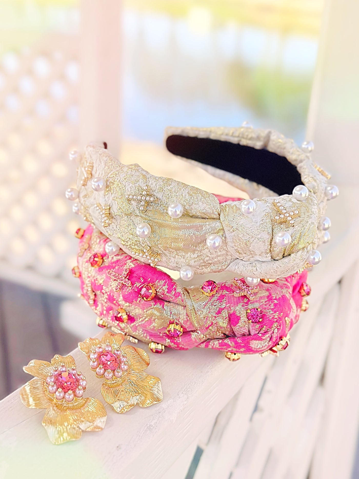 Gold and Pink Metallic Headband with Pink Crystals and Crosses