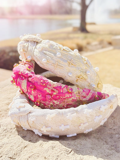 Gold and Ivory Metallic Headband with Pearls and Crosses