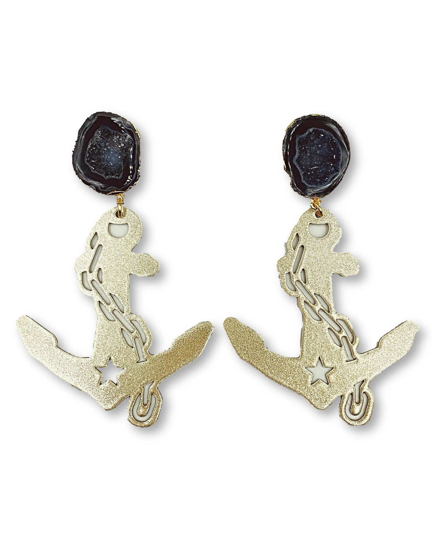 Vanderbilt Gold Tone Anchor Earrings with Black Geode