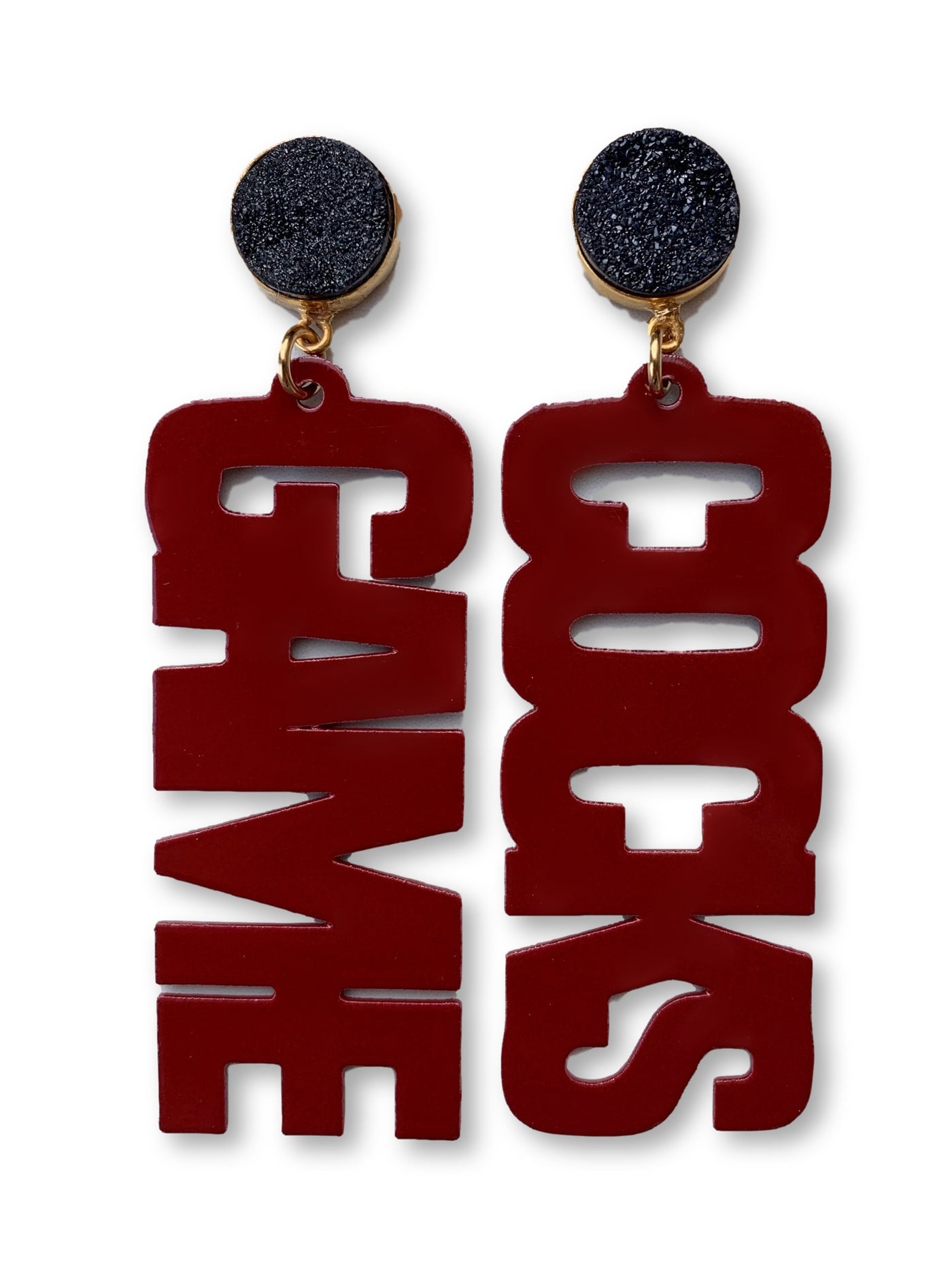 University of South Carolina Garnet "GAME COCKS" Earrings with Black Druzy