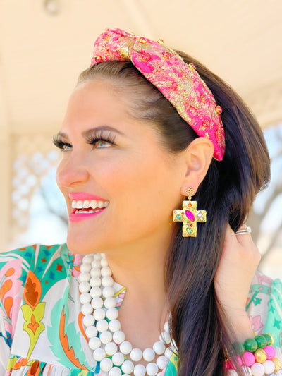 Gold and Pink Metallic Headband with Pink Crystals and Crosses