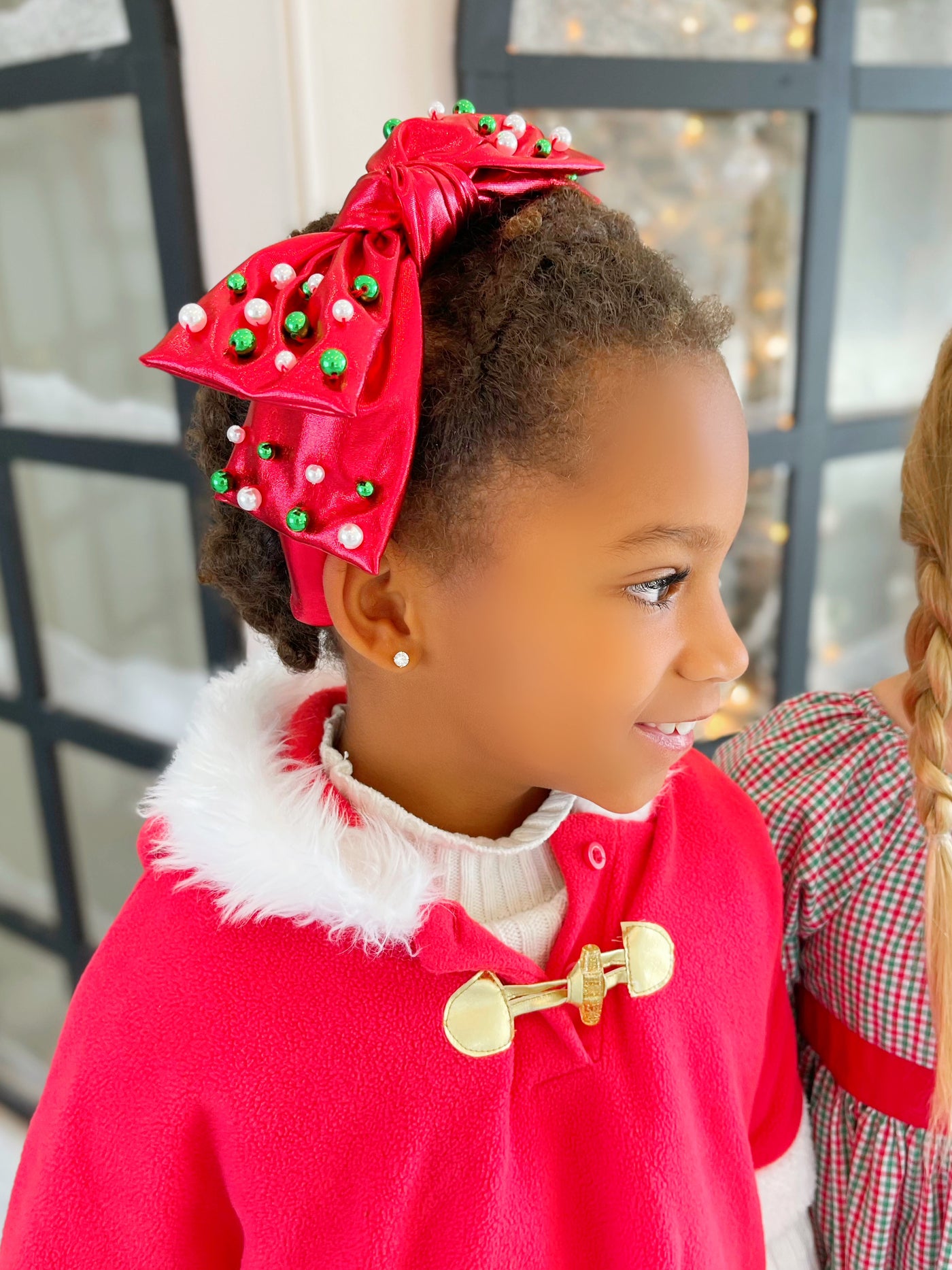 Child Red Christmas Bow Headband with Beads