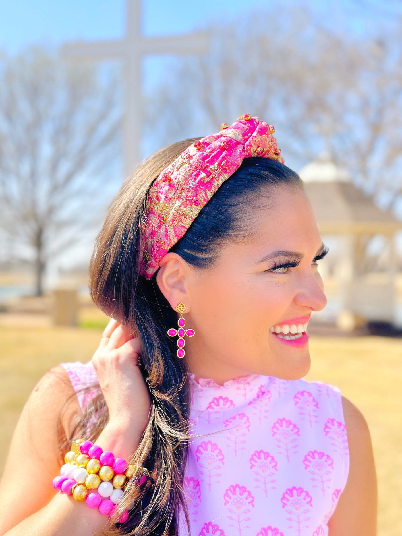 Pink Cabochon Cross Earrings