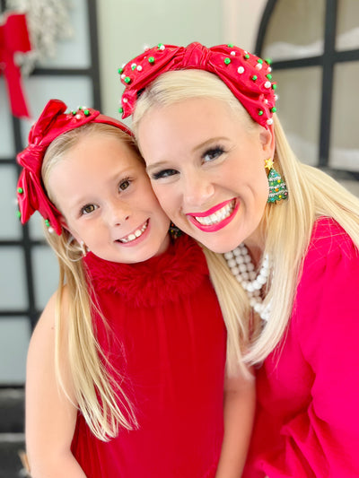 Child Red Christmas Bow Headband with Beads