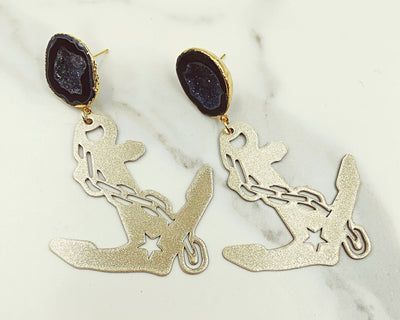 Vanderbilt Gold Tone Anchor Earrings with Black Geode