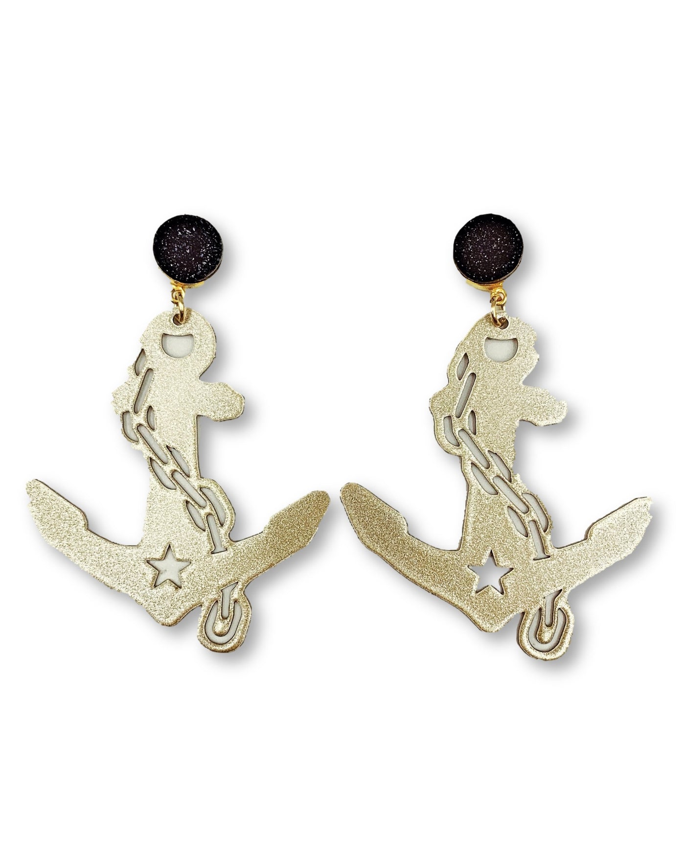 Vanderbilt Gold Tone Anchor Earrings with Black Druzy