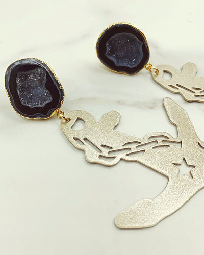 Vanderbilt Gold Tone Anchor Earrings with Black Geode