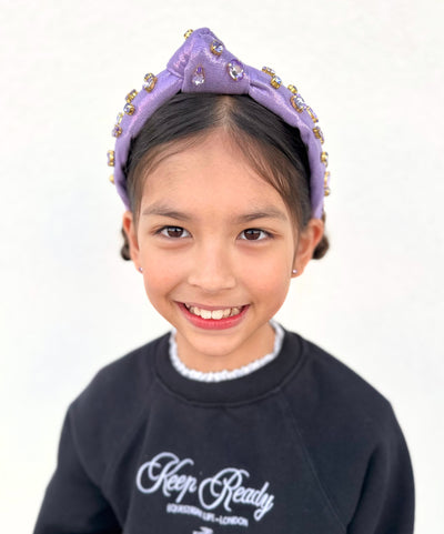 Child Size Shimmer Headband with Hand-Sewn Crystals in Purple