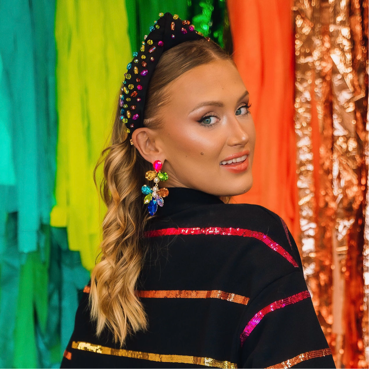 Adult Size Black Headband with Rainbow Beads