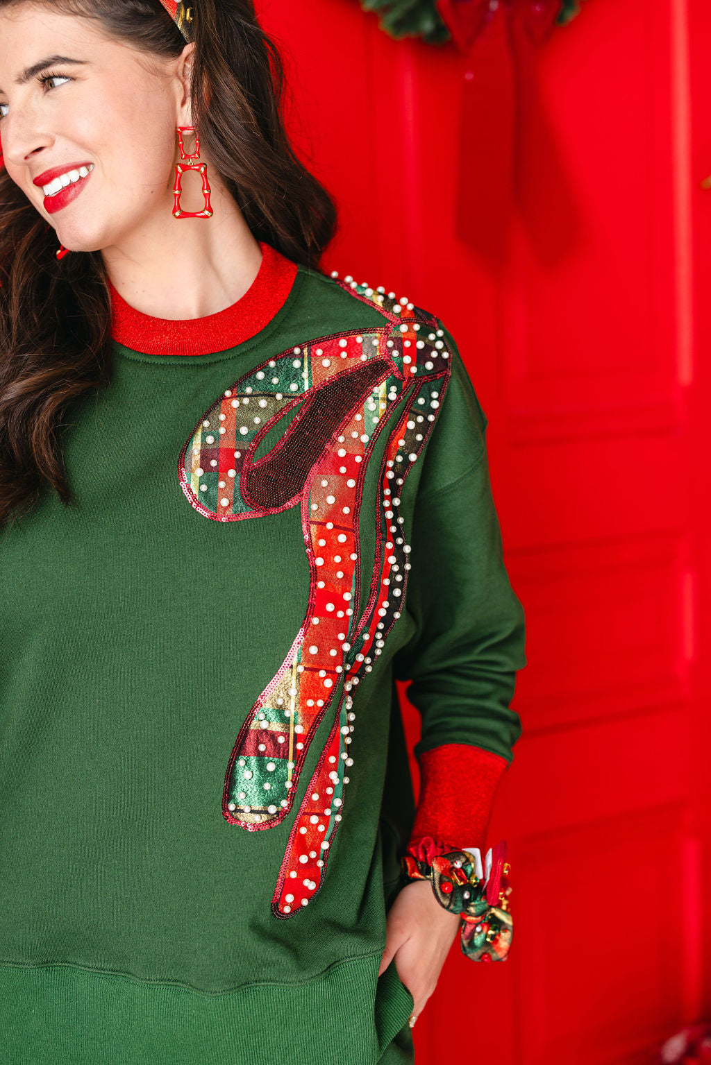 BC Green Holiday Plaid Bow Sweatshirt