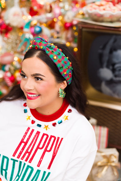 Colorful Plaid Flannel Headband with Crystals