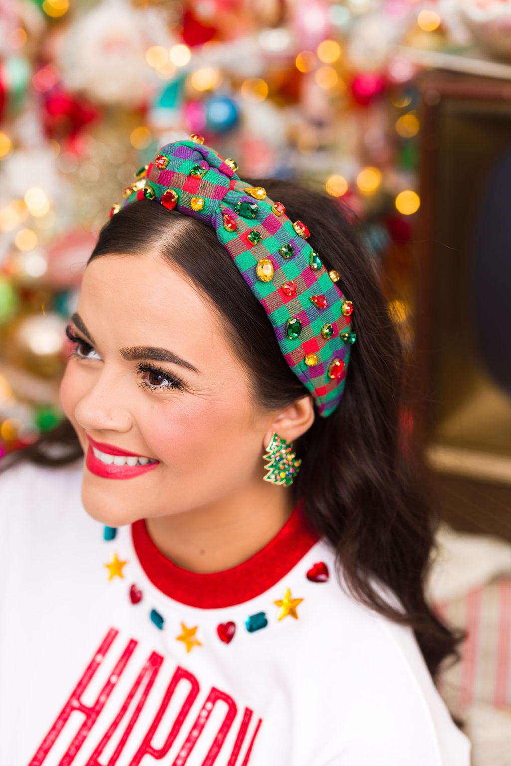 Colorful Plaid Flannel Headband with Crystals