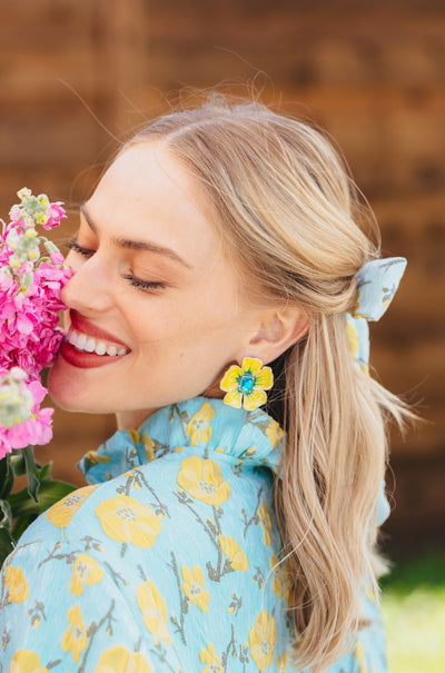 Hand Painted Yellow and Blue Hibiscus Earring