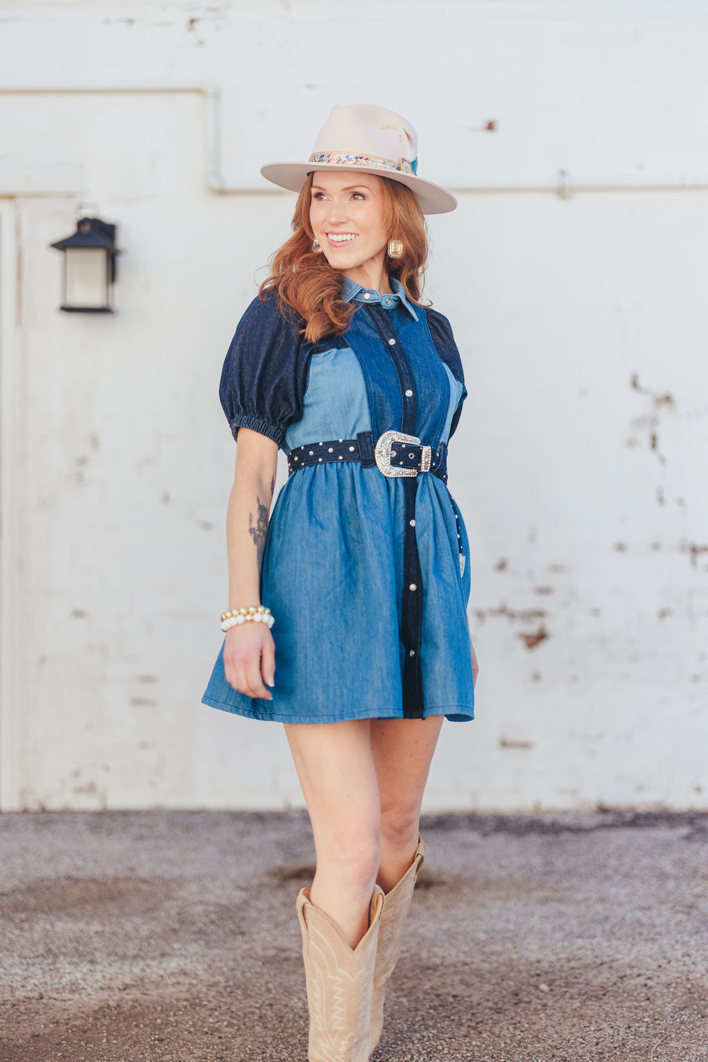 Patchwork Denim Dress with Belt