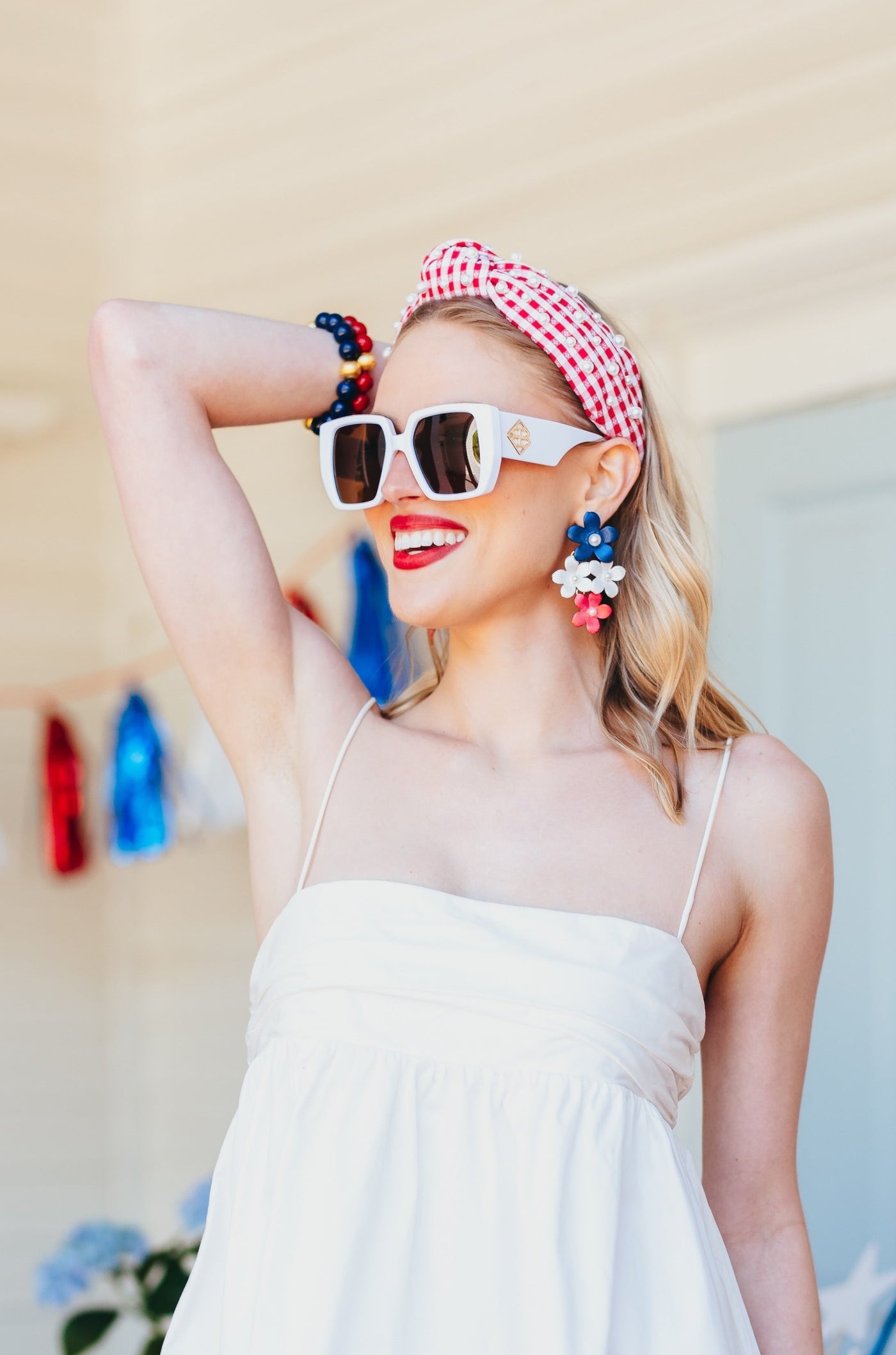 Blue, White & Red Flower Drop Earrings