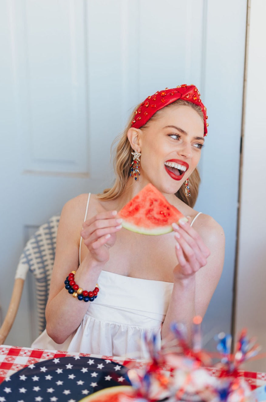 Adult Size Shimmer Headband with Hand-Sewn Crystals in Red