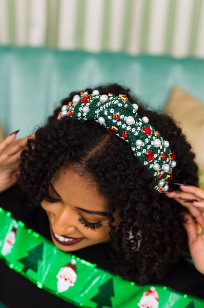 Adult Size Green & White Knit Winter Headband With Crystals & Pearls