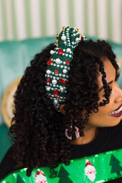 Adult Size Green & White Knit Winter Headband With Crystals & Pearls