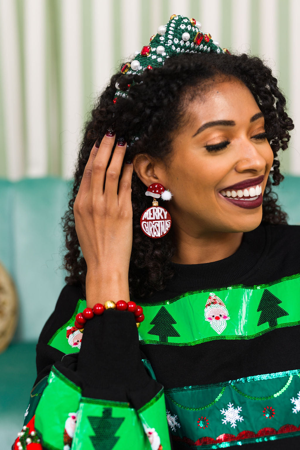 Red Merry Christmas Earring with Santa Hat