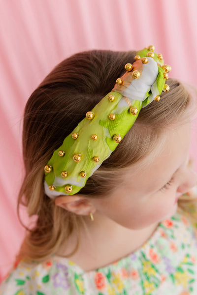 Child Size Lime Green, White & Gold Headband With Gold Beads