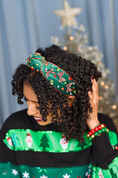 Green Tartan Bow Headband with Red Rhinestone Trim