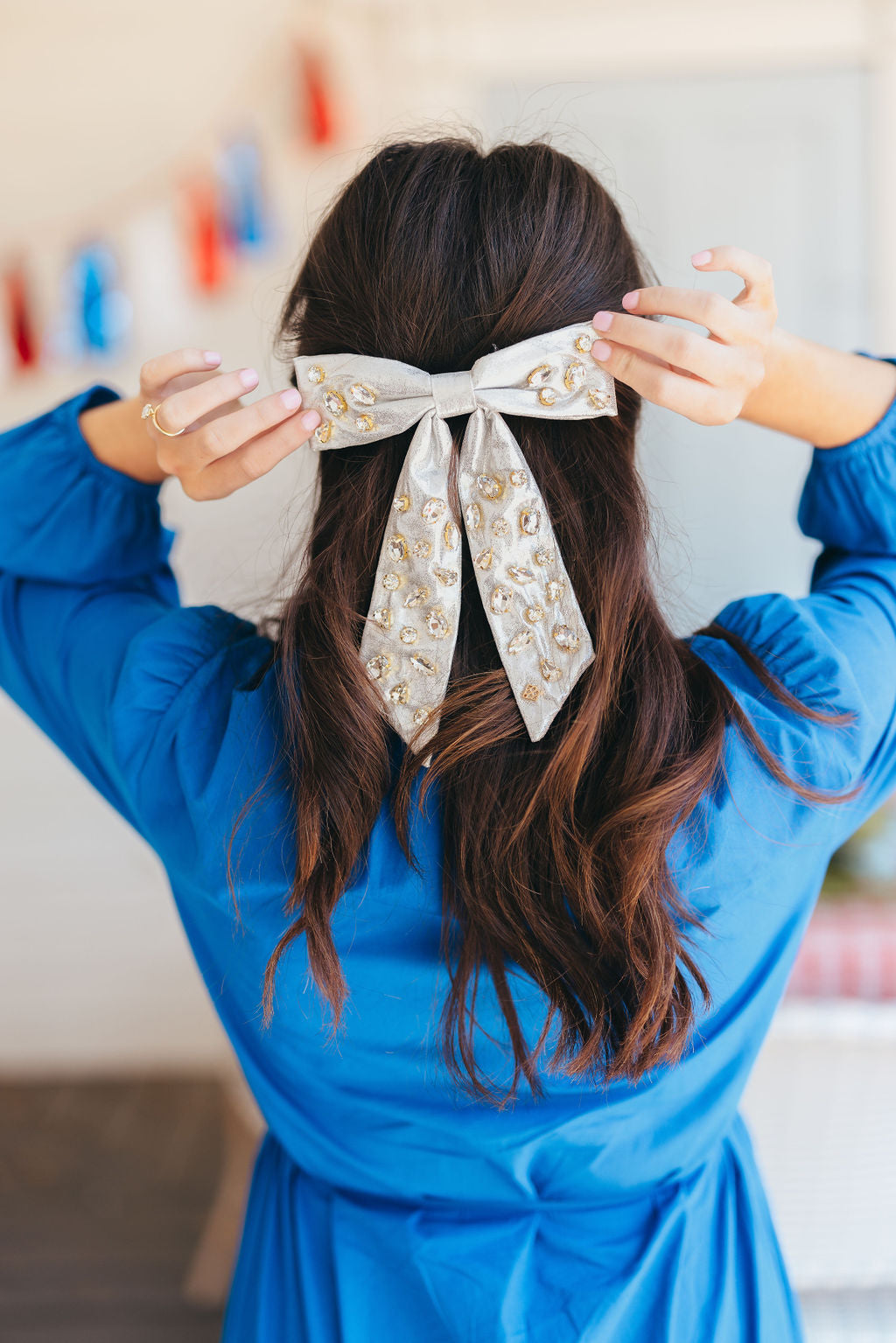 Shimmer Bow Barrette with Hand Sewn Crystals in Silver