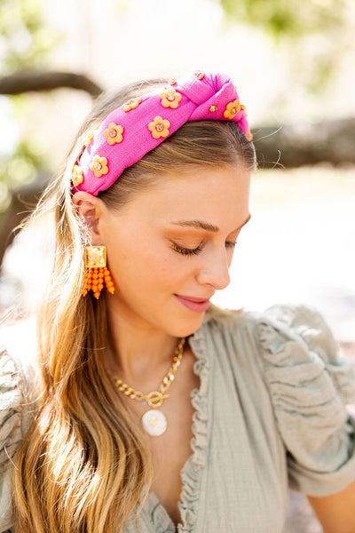 Adult Size Bubble Gum Pink Headband with Orange Flowers