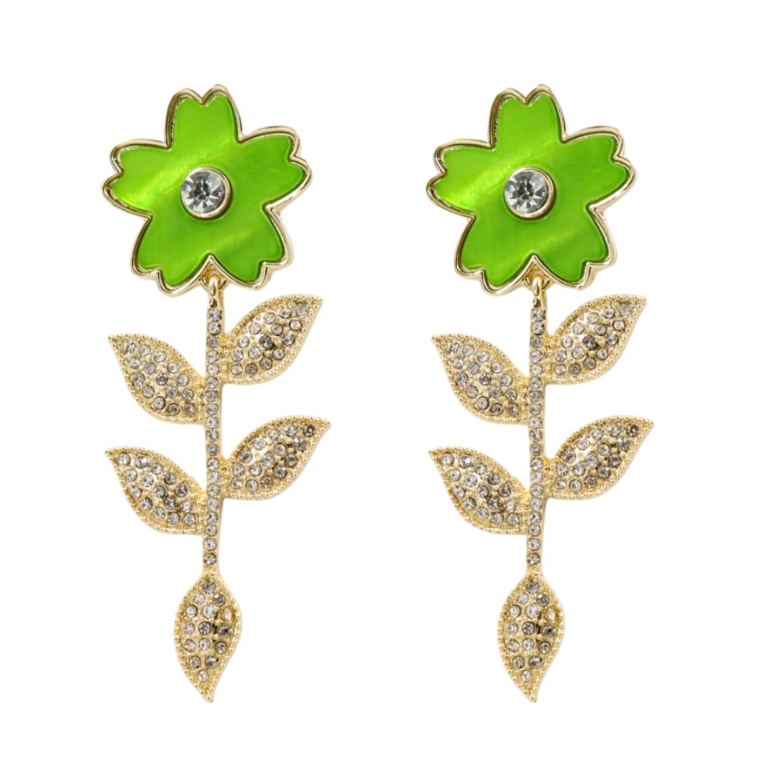 Green Flower Earrings With Crystal Stem