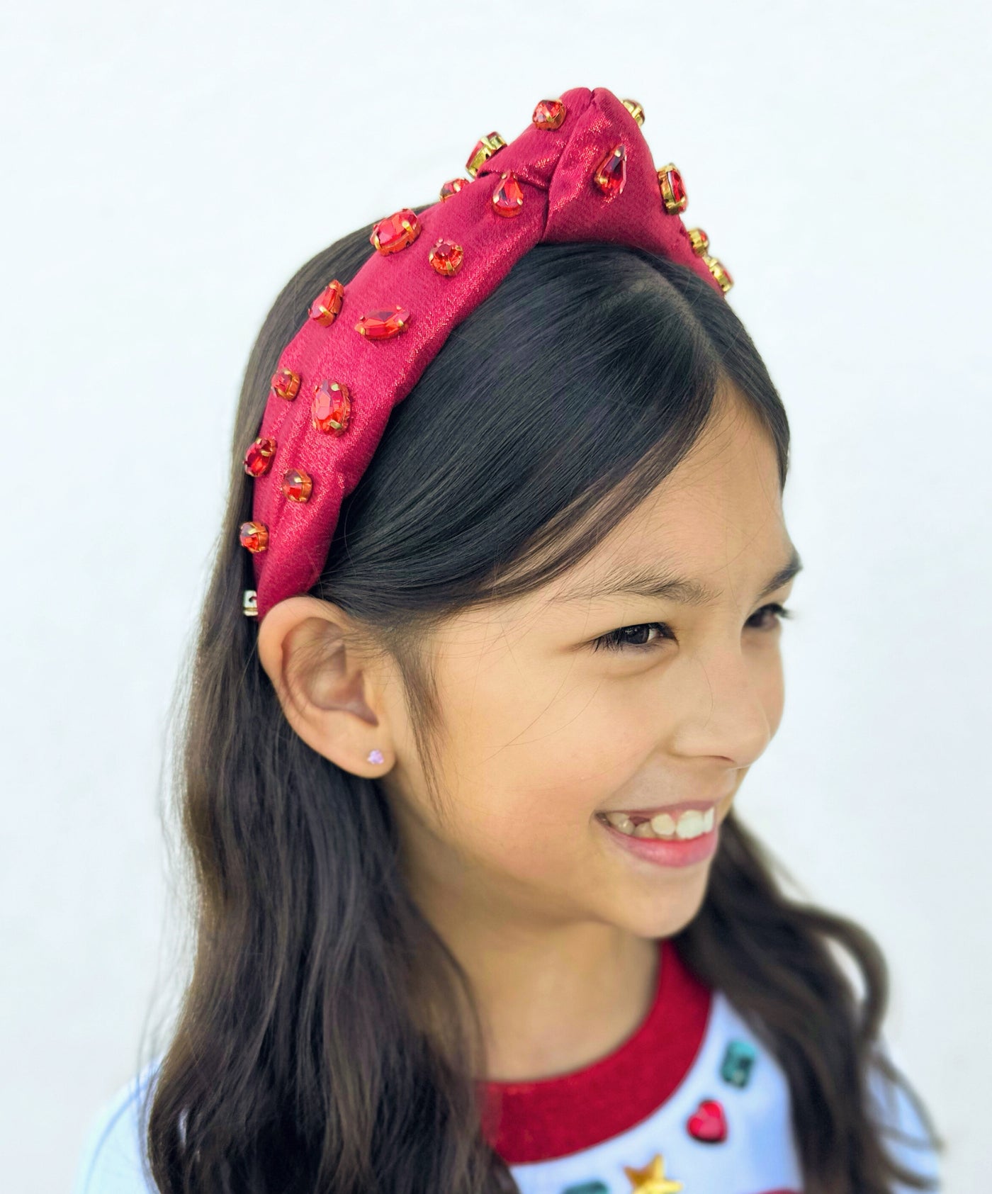 Child Size Shimmer Headband with Hand-Sewn Crystals in Red