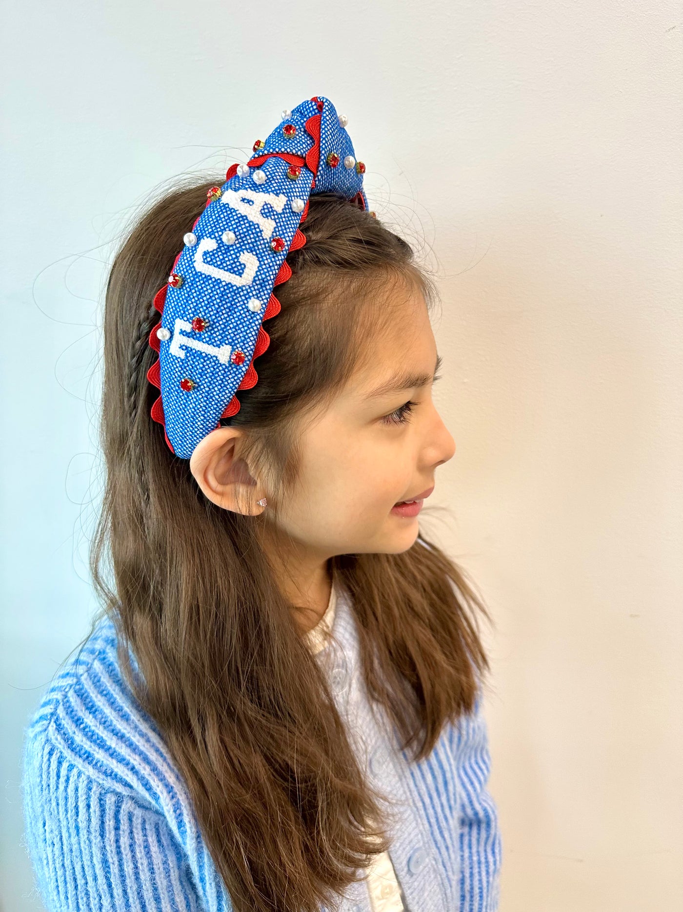 Child Size TCA TROJANS Cross-Stitch Headband With Crystals and Pearls