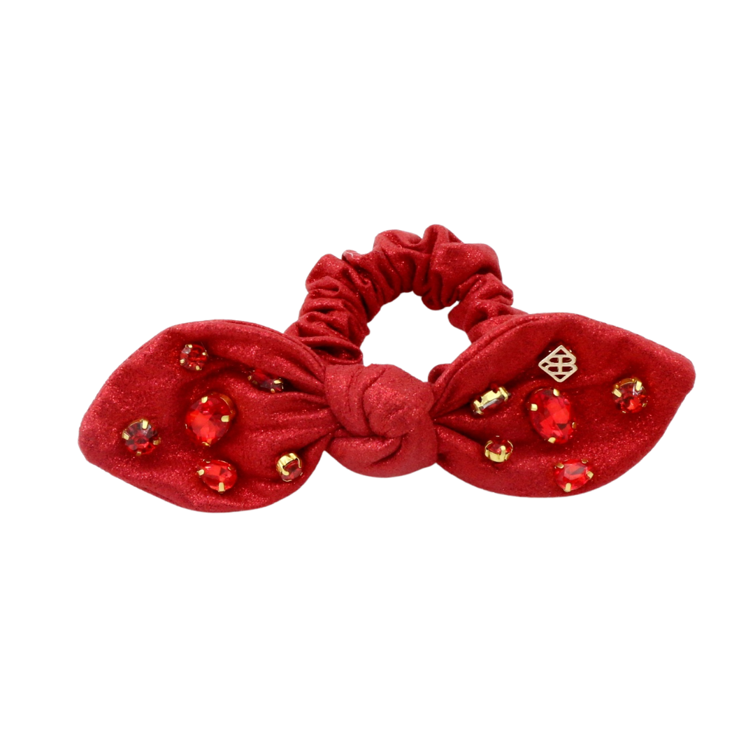 Shimmer Bow Scrunchie with Hand Sewn Crystals in Red