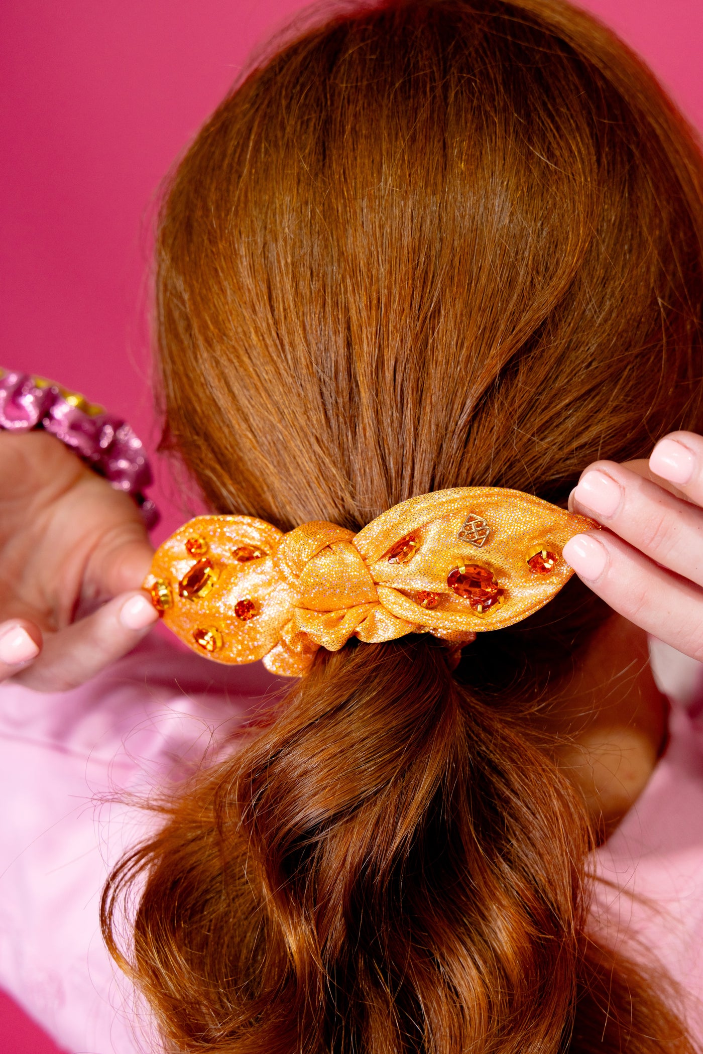 Shimmer Bow Scrunchie with Hand Sewn Crystals in Orange