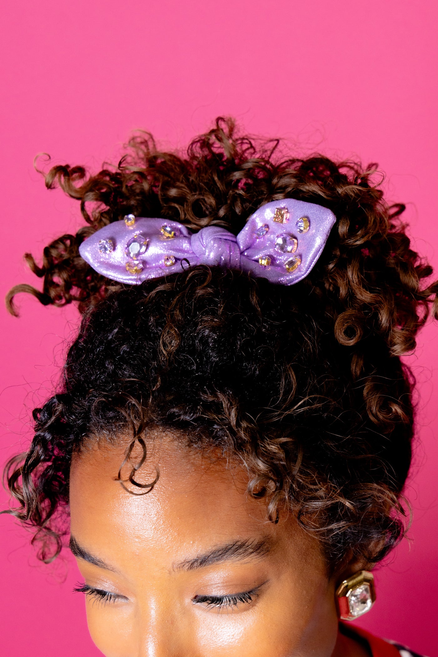 Shimmer Bow Scrunchie with Hand Sewn Crystals in Purple