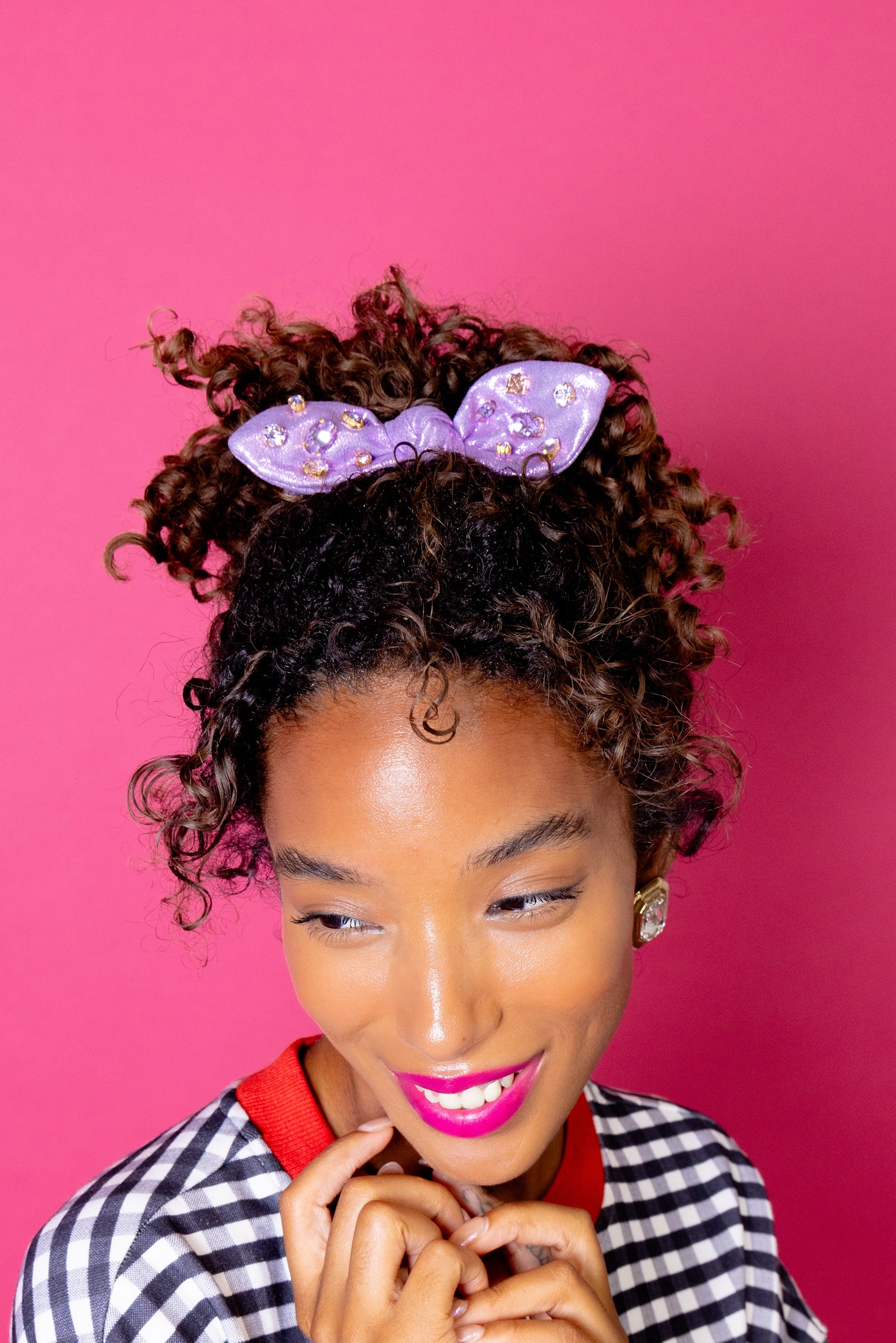 Shimmer Bow Scrunchie with Hand Sewn Crystals in Purple