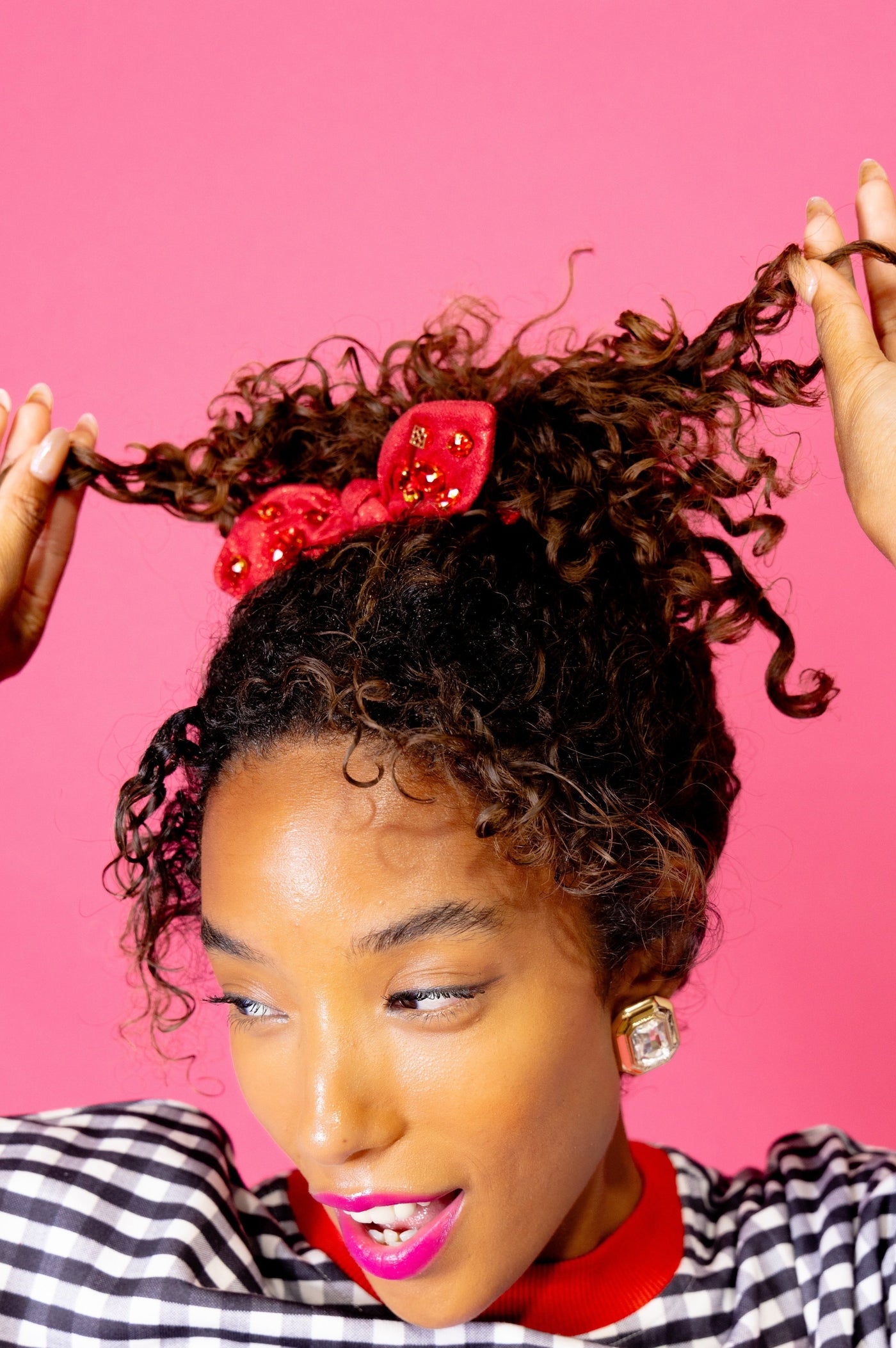 Shimmer Bow Scrunchie with Hand Sewn Crystals in Red